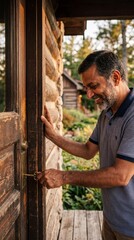 Naklejka premium A man unlocks the door of his log cabin, embracing the essence of home. Capturing the tranquility of a rustic retreat, the joy of a peaceful moment.