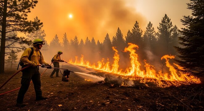 Wildland firefighters battling forest fire with backfiring technique