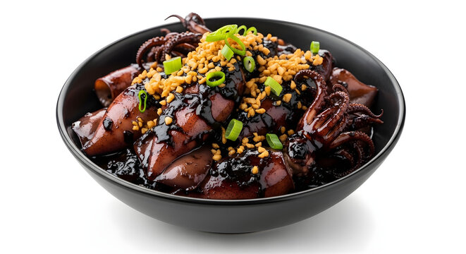 Traditional Filipino Adobong Pusit, a flavorful dish of squid cooked in soy sauce and its own black ink, isolated on white
