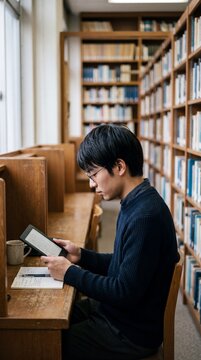 A focused scholar engrossed in study within the hallowed halls of a classical library, his attention captured by the illuminated screen.  
