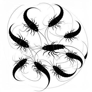 Group of black scorpions crawling together in circle