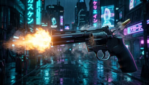 Revolver gun shooting fire slow motion neon cyber background wallpaper

