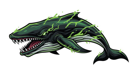 Fototapeta premium Ferocious illustration of a monstrous whale, featuring sharp, menacing teeth, glowing green eyes, and corrosive green liquid effects.