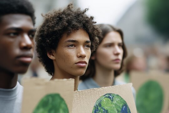 Teenagers holding climate protest signs outdoors, activism, youth movement, sstkgreen