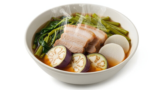 Traditional Filipino Pork Sinigang, a savory tamarind sour soup with fresh vegetables, isolated on a white background