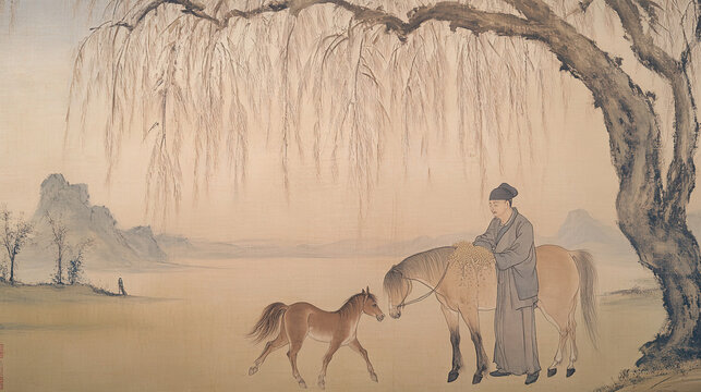 Chinese ink wash man under willow tree feeding horses grassland blue sky background delicate brushwork large empty space small brown pony running simple attire holding food expressive face onlooker di