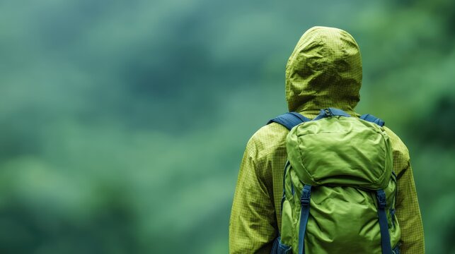 Eco tourism travel with backpack in nature sstkgreen