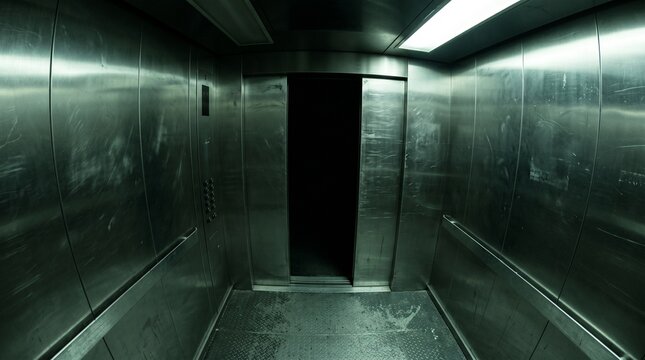 An empty elevator interior captured from ceiling corner perspective with slight fisheye distortion