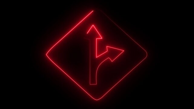Red Neon Traffic Direction Sign with Straight and Right Arrows on Black Background.