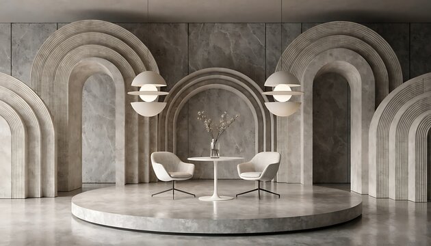 An interior view of a historic Italian cathedral hall featuring two stone chairs and a table set within an ancient Gothic archway of marble and stone