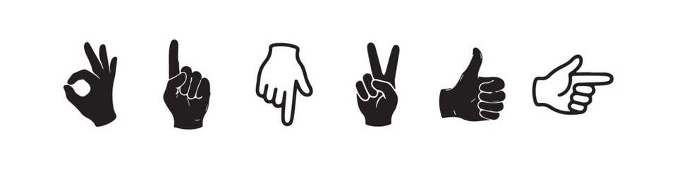 Fototapeta premium Vector icons of various hand gestures in a solid black silhouette and bold outline style. The set includes a pointing finger, an OK sign, a peace/victory sign, a thumbs up, a pointing hand, and a hand