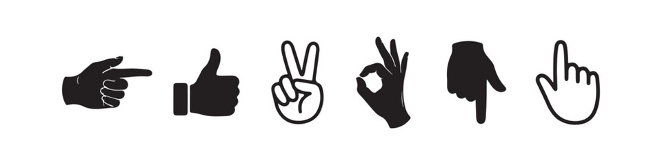 Fototapeta premium Vector icons of various hand gestures in a solid black silhouette and bold outline style. The set includes a pointing finger, an OK sign, a peace/victory sign, a thumbs up, a pointing hand, and a hand