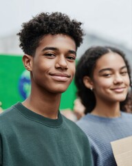 Obraz premium Teenagers holding climate protest signs outdoor activism sstkgreen