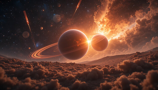 Double planet sunset, ringed planet and moon in starry sky with meteorites planets