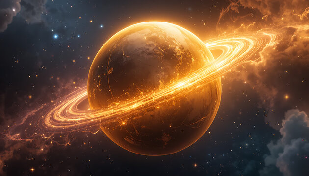 Glowing planet with ring system in space, orange and yellow hues
