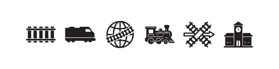 Vector icons representing railway transportation and logistics in a solid black silhouette style. The set includes a vintage steam locomotive, railroad tracks, a modern diesel train, a train station b © Ірина Гринюк