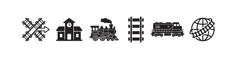 Vector icons representing railway transportation and logistics in a solid black silhouette style. The set includes a vintage steam locomotive, railroad tracks, a modern diesel train, a train station b © Ірина Гринюк