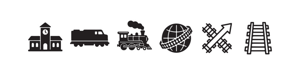 Vector icons representing railway transportation and logistics in a solid black silhouette style. The set includes a vintage steam locomotive, railroad tracks, a modern diesel train, a train station b © Ірина Гринюк