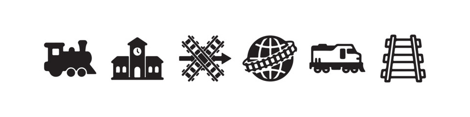 Fototapeta premium Vector icons representing railway transportation and logistics in a solid black silhouette style. The set includes a vintage steam locomotive, railroad tracks, a modern diesel train, a train station b