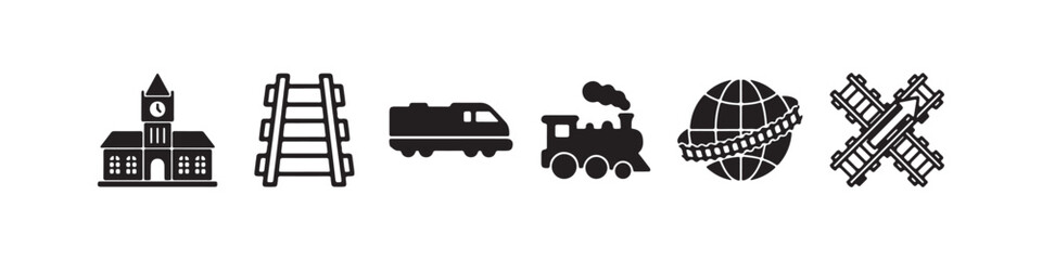 Vector icons representing railway transportation and logistics in a solid black silhouette style. The set includes a vintage steam locomotive, railroad tracks, a modern diesel train, a train station b © Ірина Гринюк