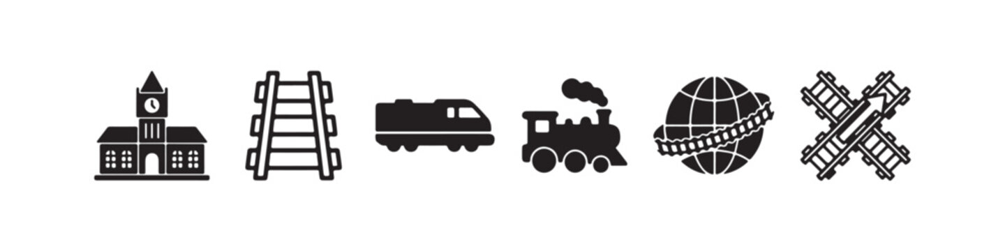 Vector icons representing railway transportation and logistics in a solid black silhouette style. The set includes a vintage steam locomotive, railroad tracks, a modern diesel train, a train station b
