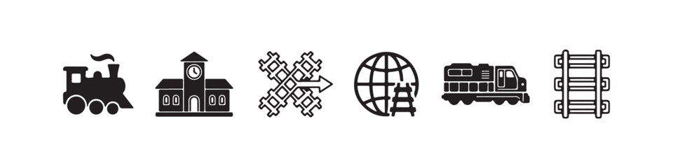 Vector icons representing railway transportation and logistics in a solid black silhouette style. The set includes a vintage steam locomotive, railroad tracks, a modern diesel train, a train station b © Ірина Гринюк