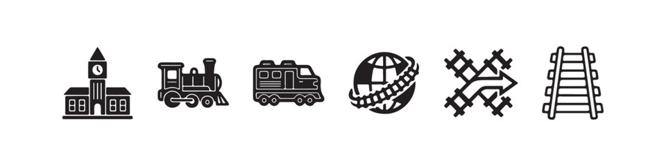 Vector icons representing railway transportation and logistics in a solid black silhouette style. The set includes a vintage steam locomotive, railroad tracks, a modern diesel train, a train station b © Ірина Гринюк