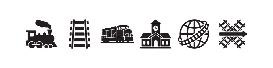 Vector icons representing railway transportation and logistics in a solid black silhouette style. The set includes a vintage steam locomotive, railroad tracks, a modern diesel train, a train station b © Ірина Гринюк
