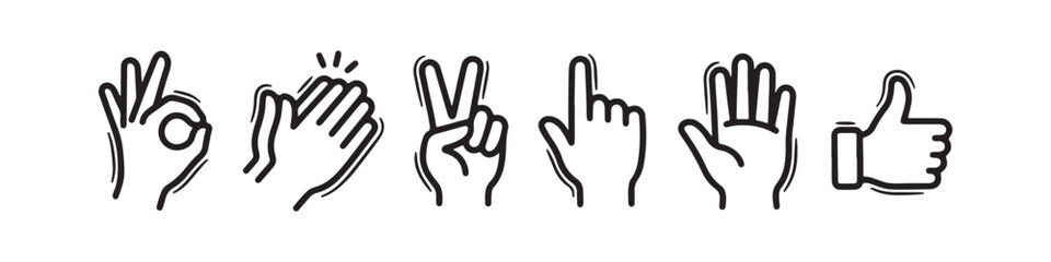 Obraz premium Vector icons of various hand gestures in a clean, hand-drawn outline style. The set includes a thumbs up, OK sign, pointing index finger, a pointing hand, a hand pointing downward, and a hand pointing