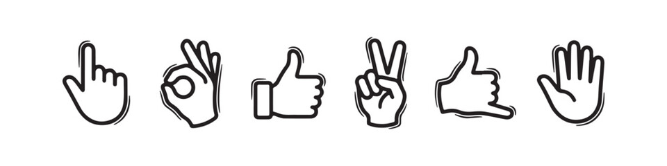 Fototapeta premium Vector icons of various hand gestures in a clean, hand-drawn outline style. The set includes a thumbs up, OK sign, pointing index finger, a pointing hand, a hand pointing downward, and a hand pointing