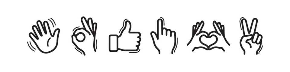 Obraz premium Vector icons of various hand gestures in a clean, hand-drawn outline style. The set includes a thumbs up, OK sign, pointing index finger, a pointing hand, a hand pointing downward, and a hand pointing
