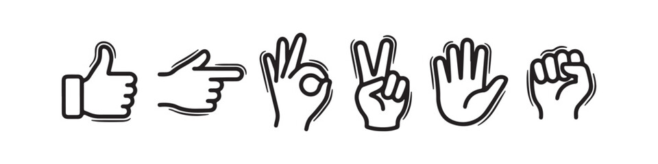Obraz premium Vector icons of various hand gestures in a clean, hand-drawn outline style. The set includes a thumbs up, OK sign, pointing index finger, a pointing hand, a hand pointing downward, and a hand pointing