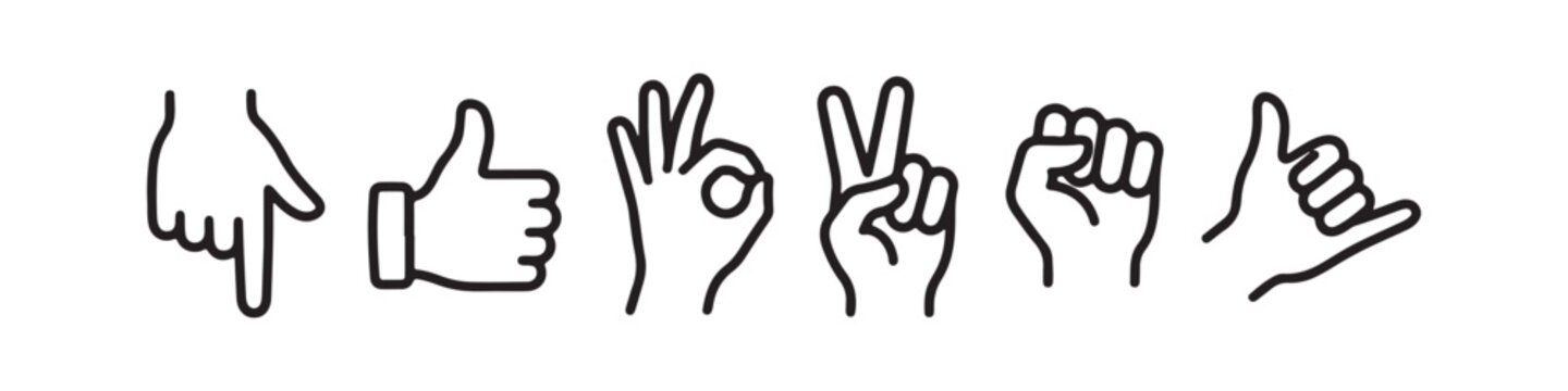 Vector icons of various hand gestures in a clean, hand-drawn outline style. The set includes a thumbs up, OK sign, pointing index finger, a pointing hand, a hand pointing downward, and a hand pointing
