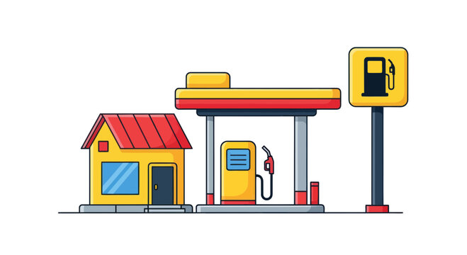 Gas Station and Small Store Building, Fuel Pump, Sign, Vector Illustration