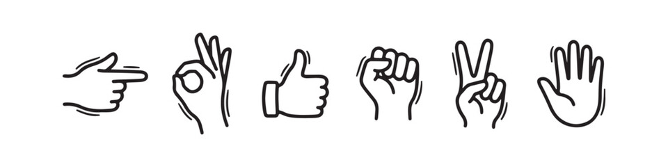 Obraz premium Vector icons of various hand gestures in a clean, hand-drawn outline style. The set includes a thumbs up, OK sign, pointing index finger, a pointing hand, a hand pointing downward, and a hand pointing