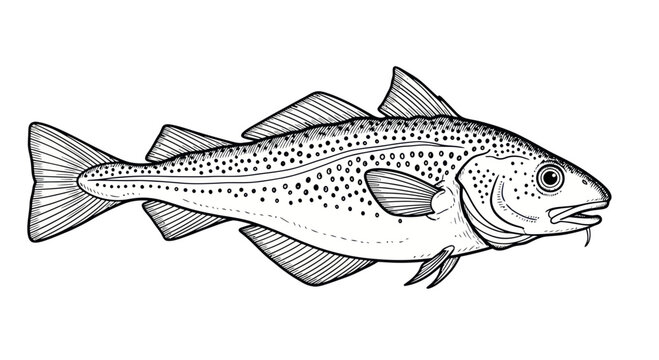 Atlantic Cod Fish Illustration - Black and White Line Drawing