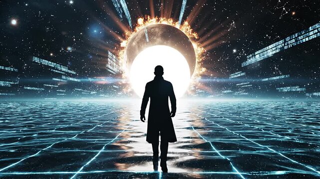 Metaverse digital landscape with silhouette walking toward a bright sun