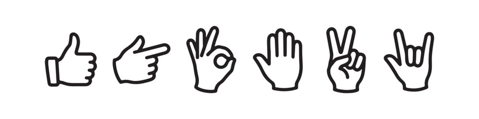 Fototapeta premium Vector icons of various hand gestures in a clean, hand-drawn outline style. The set includes a thumbs up, OK sign, pointing index finger, a pointing hand, a hand pointing downward, and a hand pointing