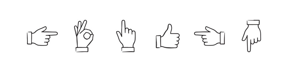 Obraz premium Vector icons of various hand gestures in a clean, hand-drawn outline style, featuring a pointing index finger, OK sign, left-pointing hand, thumbs up, downward-pointing hand, and a right-pointing hand