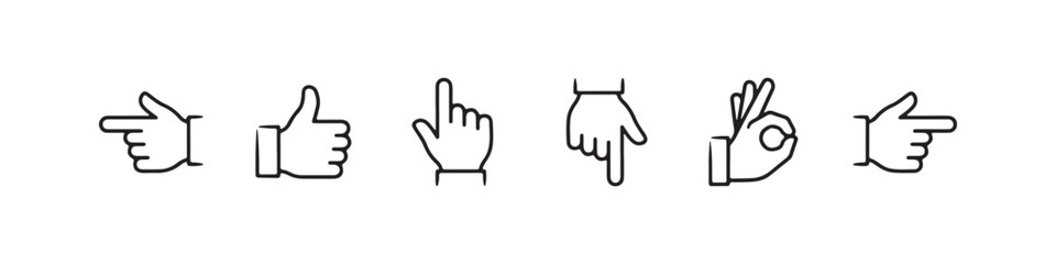 Fototapeta premium Vector icons of various hand gestures in a clean, hand-drawn outline style, featuring a pointing index finger, OK sign, left-pointing hand, thumbs up, downward-pointing hand, and a right-pointing hand