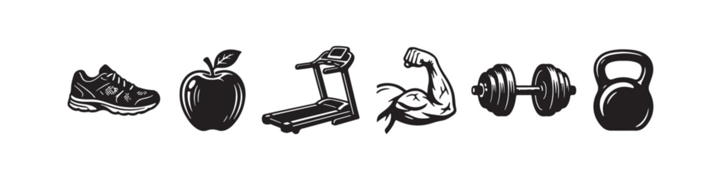 Vector icons representing fitness and gym equipment in a minimalist style, featuring a water bottle, bench press station, dumbbell, kettlebell, stationary exercise bike, and a heart rate monitor symbo