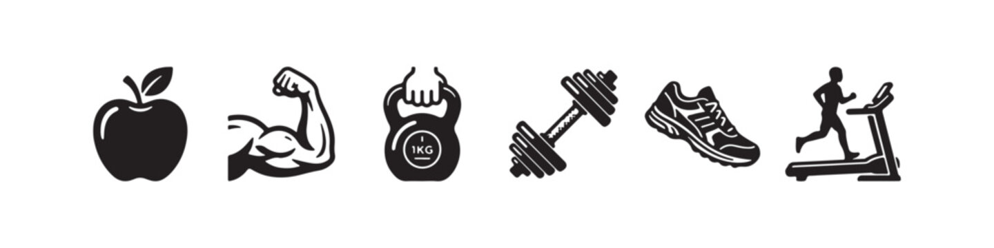 Vector icons representing fitness and gym equipment in a minimalist style, featuring a water bottle, bench press station, dumbbell, kettlebell, stationary exercise bike, and a heart rate monitor symbo