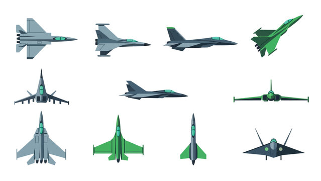 Modern military jet fighters collection with diverse flight angles and top views.