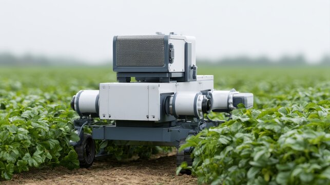 Agricultural robot harvesting crops in field, automation farming, sstkgreen