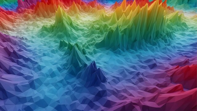 Abstract colorful low poly 3d terrain landscape with rainbow spectrum mountains and valleys