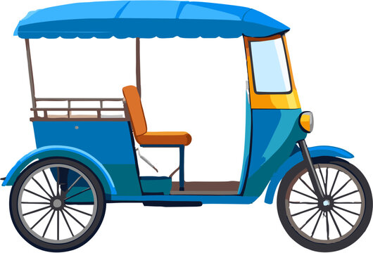Indonesian Becak Blue Rickshaw Pedicab Traditional Transport, Asian Street Vehicle, Flat Vector Illustration