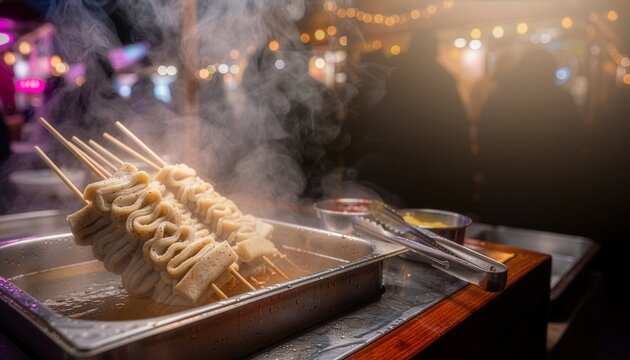 Steaming korean fish cake skewers eomuk at a vibrant night market. Ideal for food blogs, travel websites, cultural magazines.