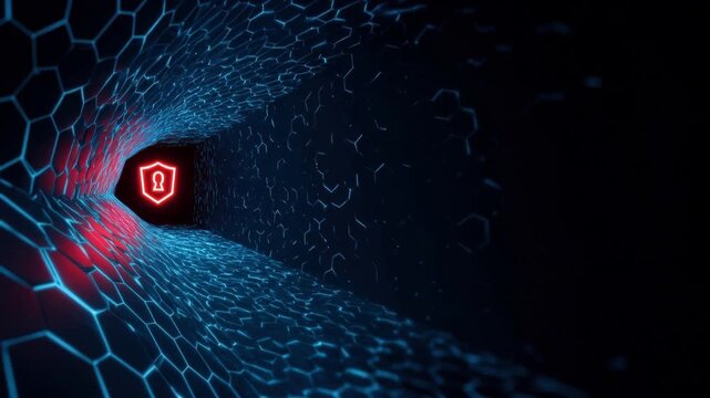 Navigating the digital fortress, a mesmerizing tunnel of data security and encryption, illustrated with a glowing shield. ..Created with Generative AI, not depicting real subjects.