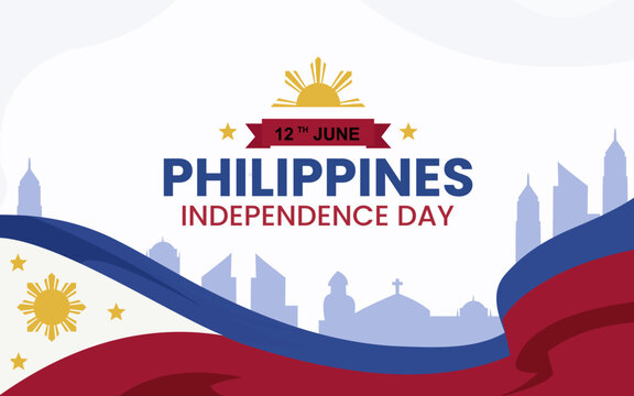 Modern Philippines Independence Day banner template featuring elegant red, blue, and white wave elements with Manila skyline silhouette, patriotic symbols, and clean flat illustration style. 