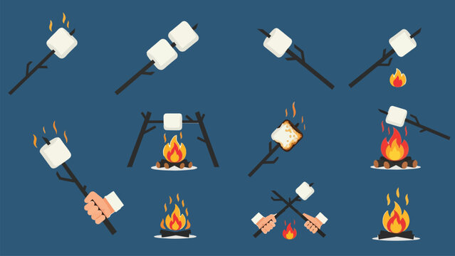 Camping bonfire marshmallows on sticks set for roasting.